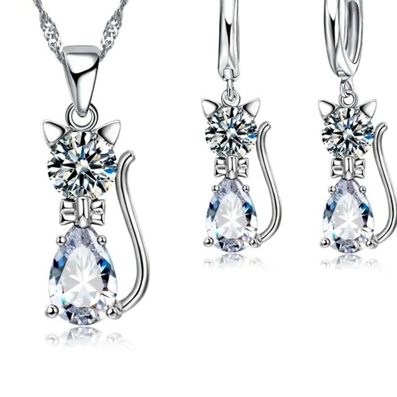 Fashion Jewelry Jewelry - ⭐4pc Bundle Sale Diamond Kitty Pendant And Earrings, w.18" Chain Sterling Silver